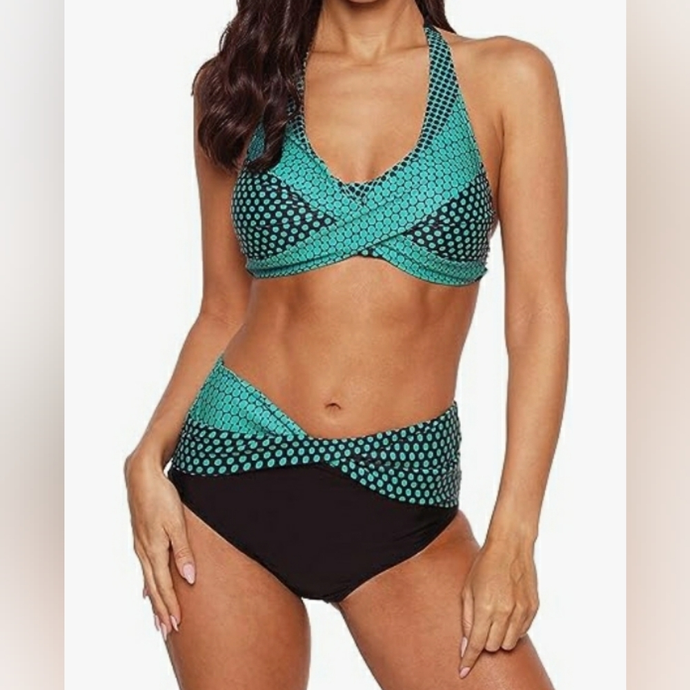 Two piece bikini high-waist teal and black pattern size Large